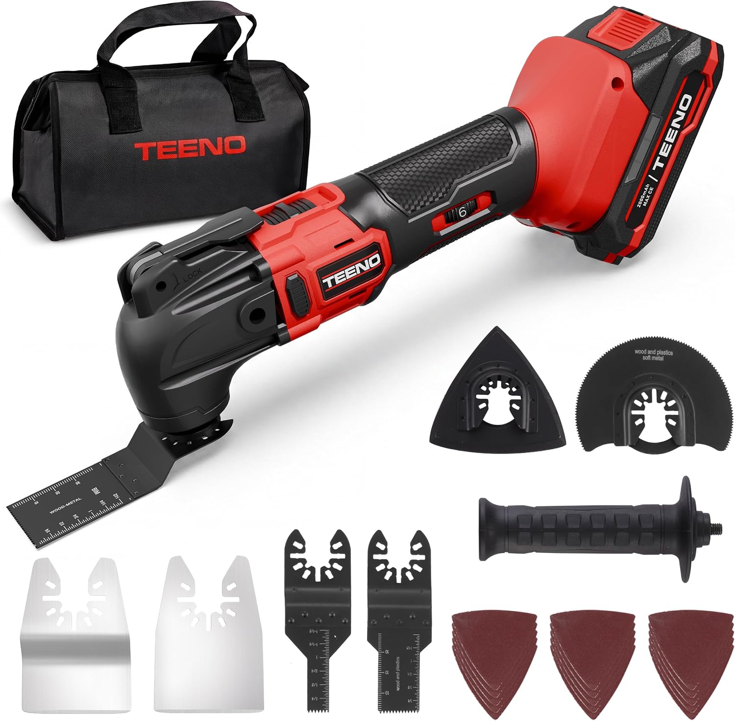 TEENO 20V Cordless Oscillating Tool, 4° Oscillation Angle Oscillating Saw, 6 Variable Speeds with Quick-Lock Change System, 26PCS Multitool Blades & Carrying Bag for DIY Projects