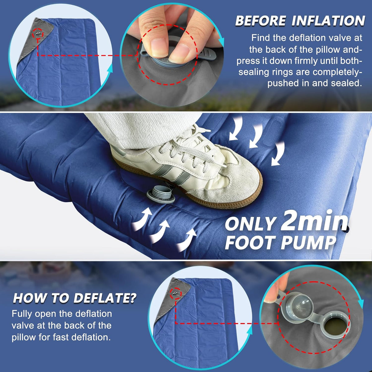 Camping Sleeping Pad 5.5" Thick with Pillow & Built-in Foot Pump
