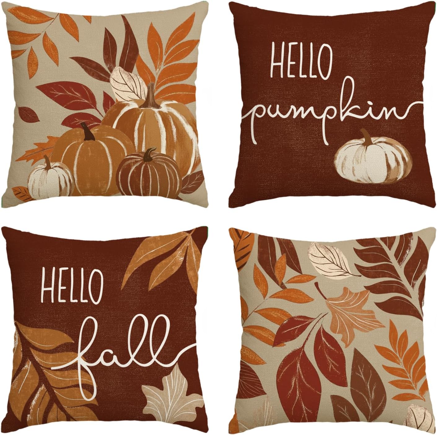 AVOIN colorlife Hello Fall Pumpkin Leaves Pillow Covers 18x18 Inch Set of 4