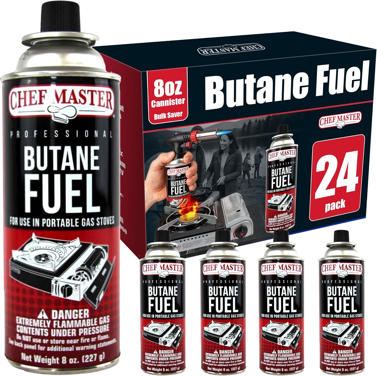 Chef Master Butane Fuel Canister, Camp Stove & Torch Refill, 8 oz, 4-Pack