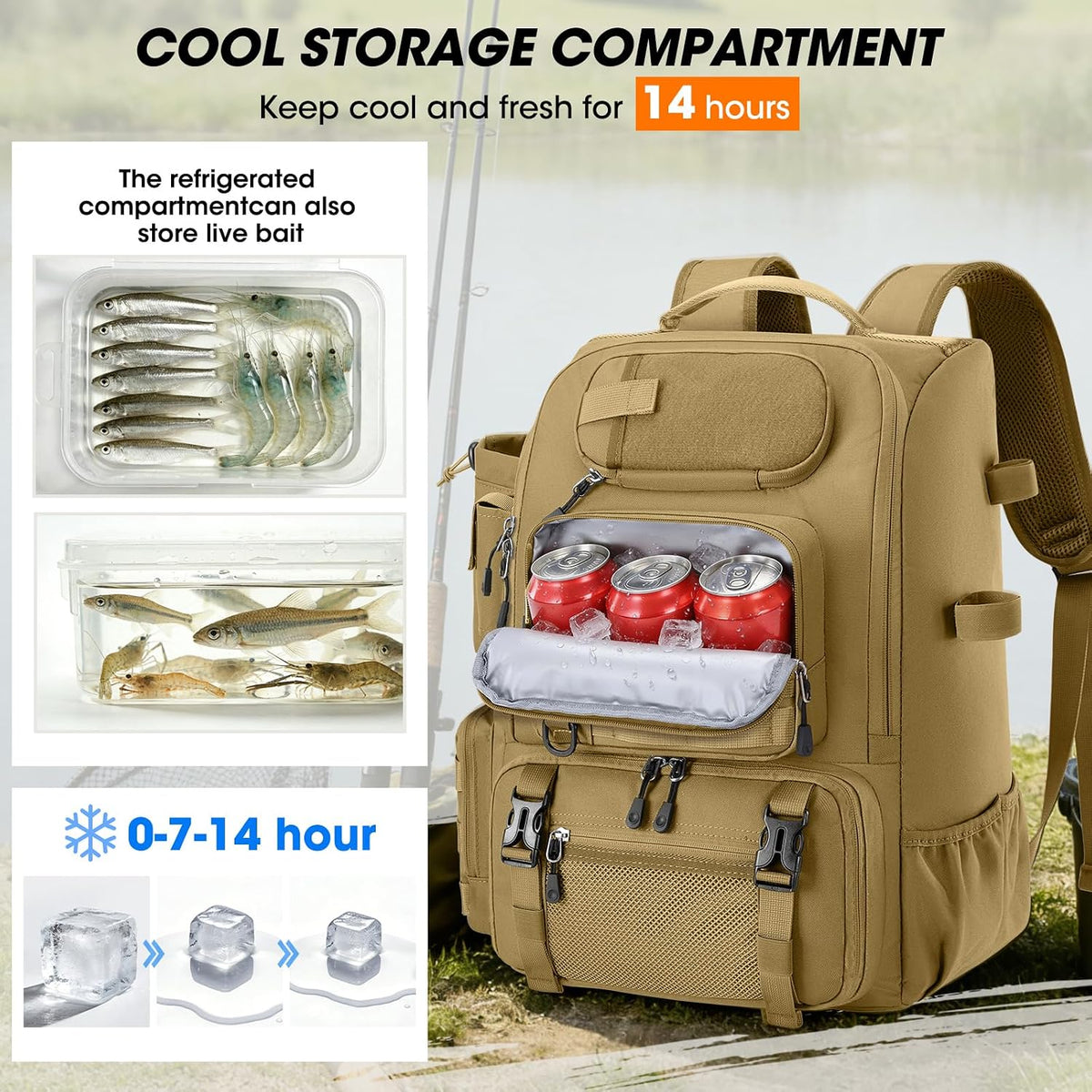 RAINSMORE Fishing Backpack 40L Tackle Backpack with Rod Holders & Cooler