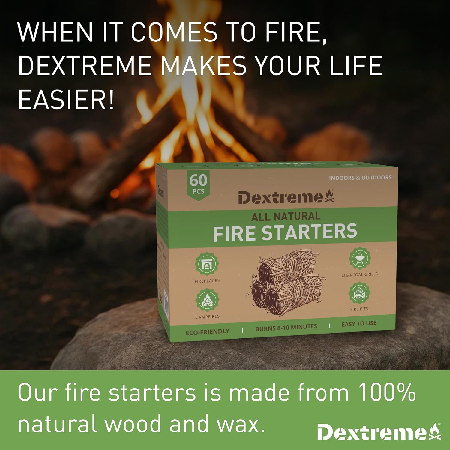 Dextreme Fire Starter (60 PCS) Natural Fire Starters for Campfire, Charcoal Starter, Fireplace, Wood Stove, BBQ, Chimney, Fire Pit, and Grill | All Weather, Odorless, Non-Toxic, w/10 Min Burning Time