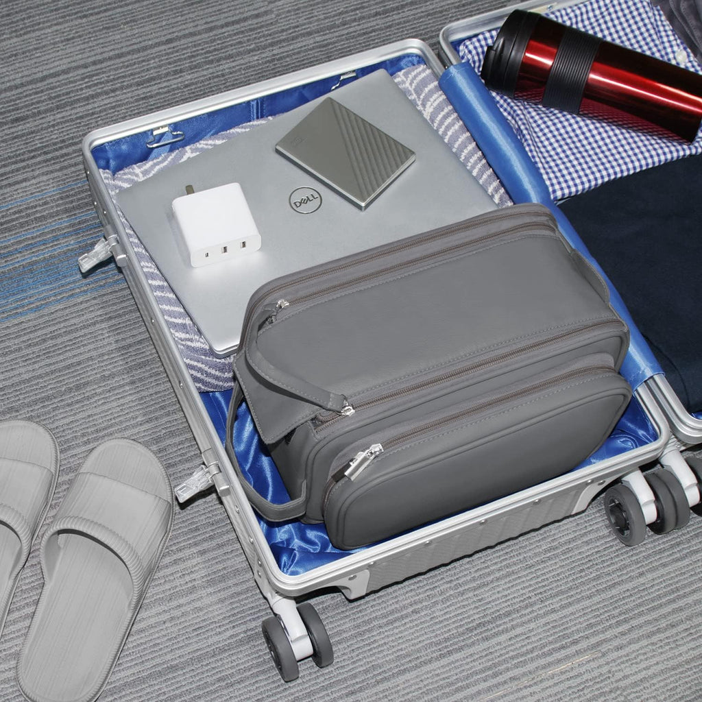 Buruis Extra Large Toiletry Bag for Men, PU Leather Travel Dopp Kit, Gray