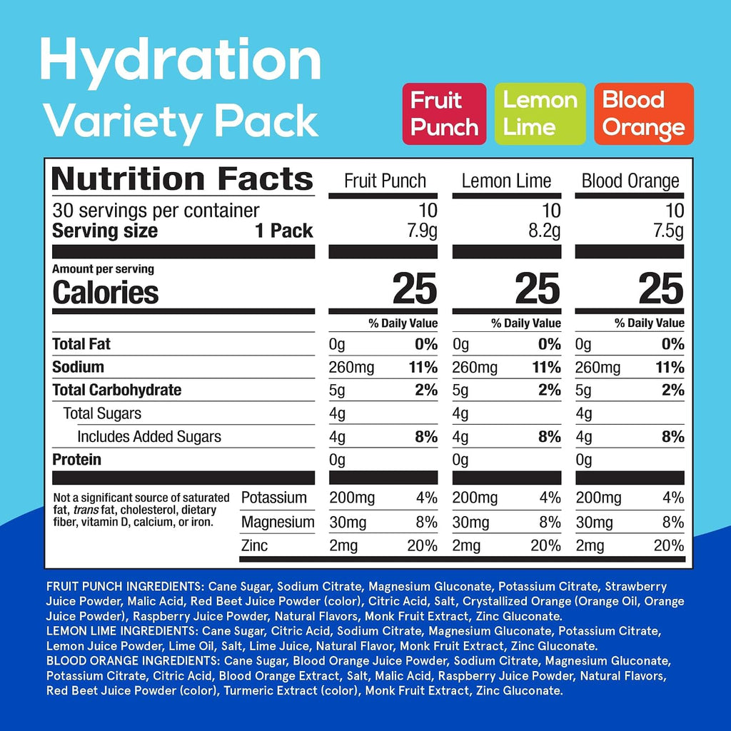 Hydrant - Hydration Powder Variety Pack, 30 Individual Instant Electrolyte Rehydration Packets - Low Sugar Drink Mix for Daily Use, Travel & Workouts