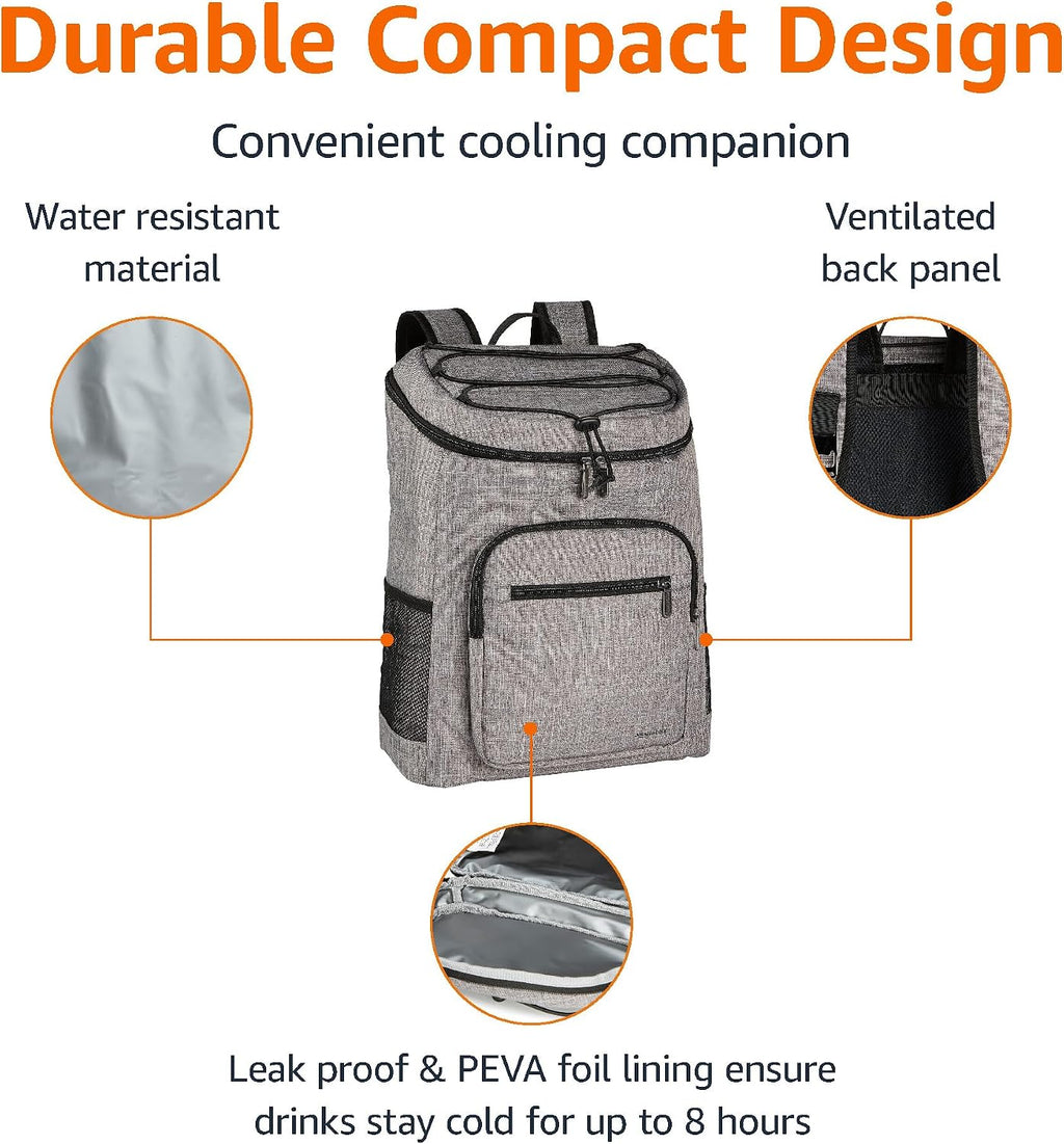 Amazon Basics Insulated Cooler Backpack for Camping and Hiking, Portable Soft Sided Cooler with 30 Can Capacity, Leak-Proof, Water-Resistant, Gray