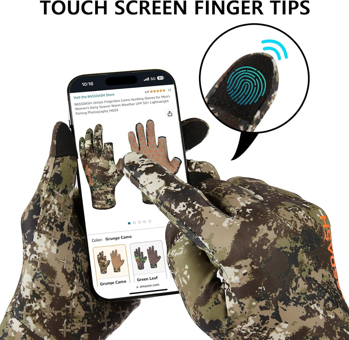BASSDASH Men’s Camo Hunting Gloves UPF 50+ Lightweight Touchscreen Gloves for Warm Weather Fishing Hiking Outdoor Activities