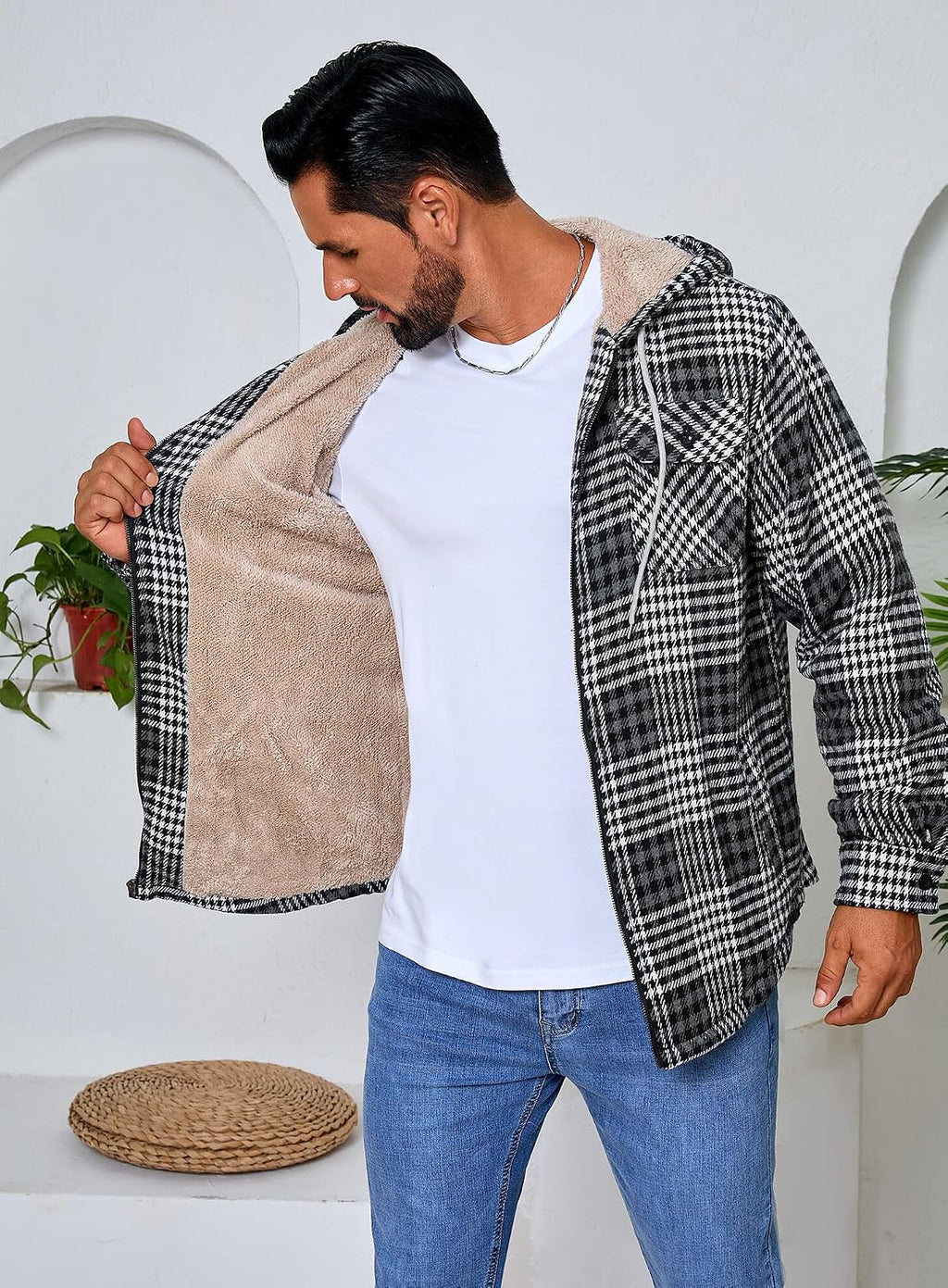 Men's Zip Up Flannel Shirt Jacket Fleece Lined with Hood