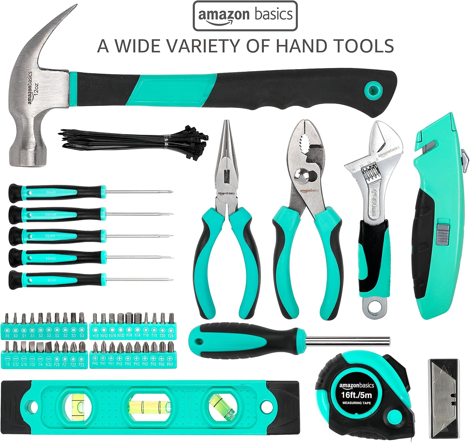 Amazon Basics 104-Piece Home Repair Household Tool Set with Easy Carrying Round Pouch, Portable Hand Tool Kit, Turquoise, 14.4 x 11.4 x 3 inches
