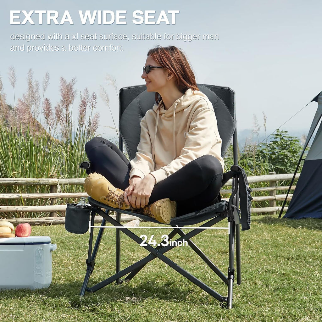 EVER ADVANCED Oversized Folding Camping Chair for Adults with Adjustable Lumbar Support, Heavy Duty Chair with Side Pockets, Portable Collapsible Quad Chair for Outside