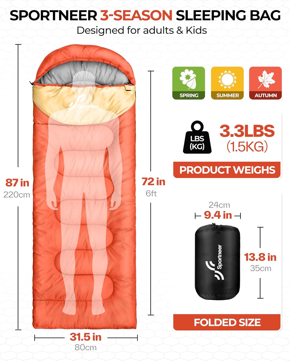 Sportneer Sleeping Bag for Adults Kid Waterproof lightweight Camping Hiking