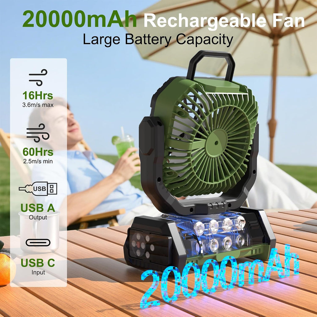 Honesorn 20000mAh Battery Powered Fan with LED Light & Remote, Green