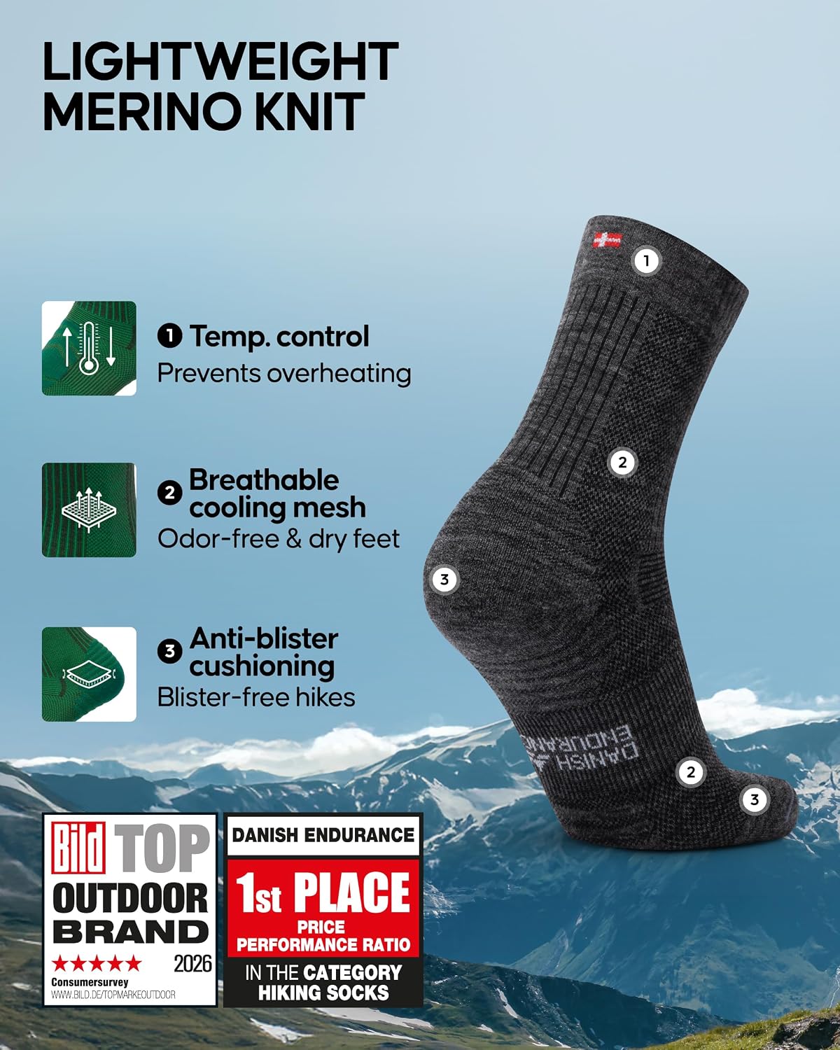 DANISH ENDURANCE Merino Wool Hiking Socks, Lightweight, 3 & 5-Pack