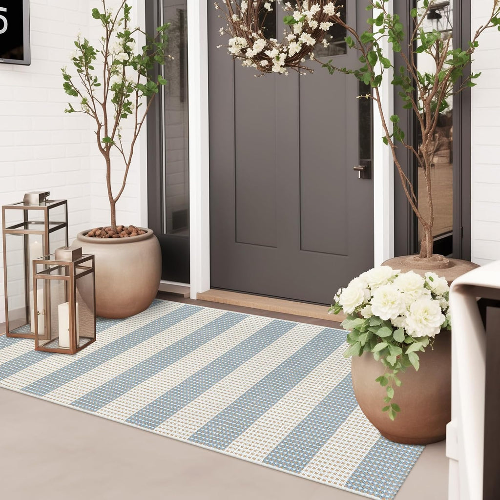 Boho Striped Fall Outdoor Front Door Mat 2'x4.3' Blue and Cream Rug
