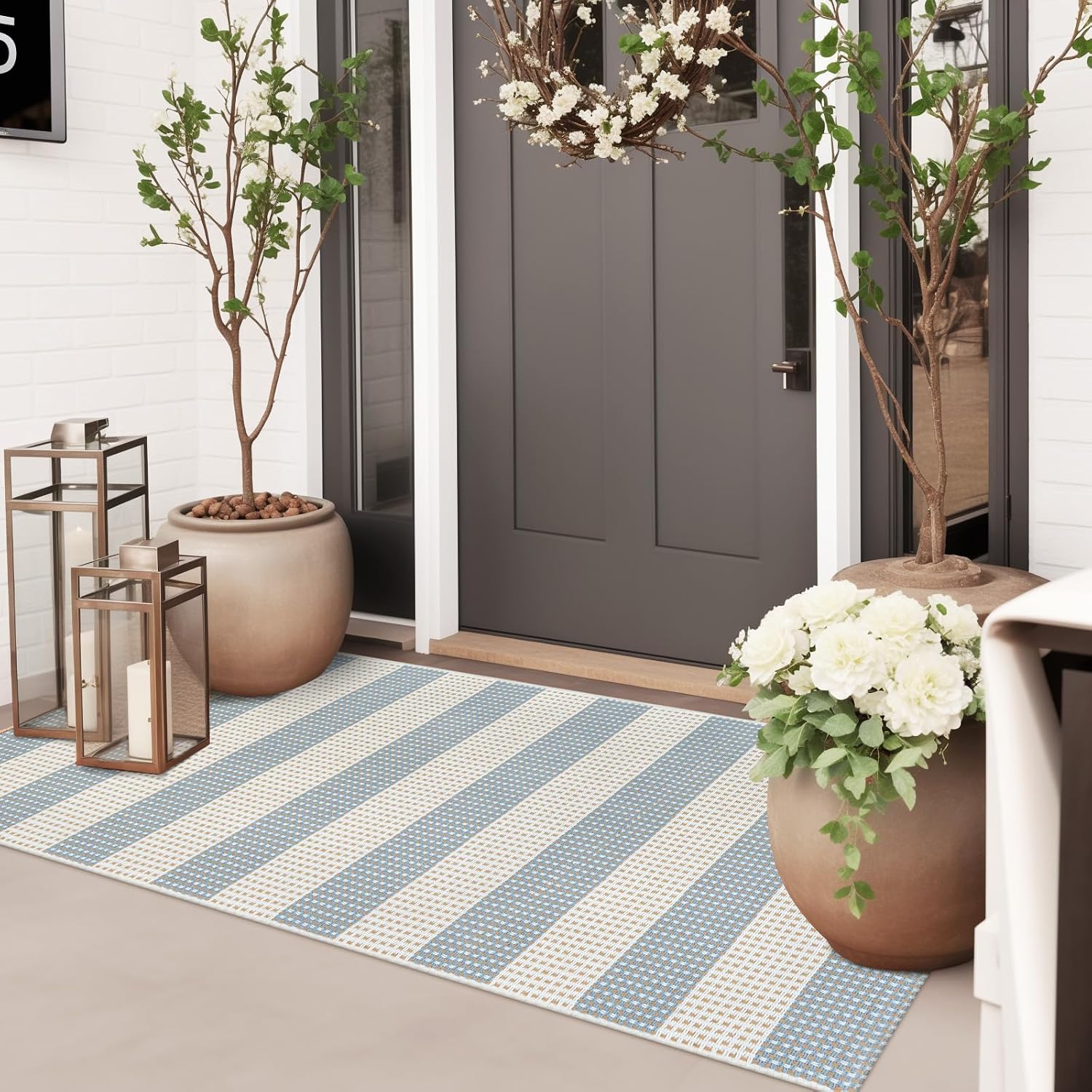 Boho Striped Fall Outdoor Front Door Mat 2'x4.3' Blue and Cream Rug