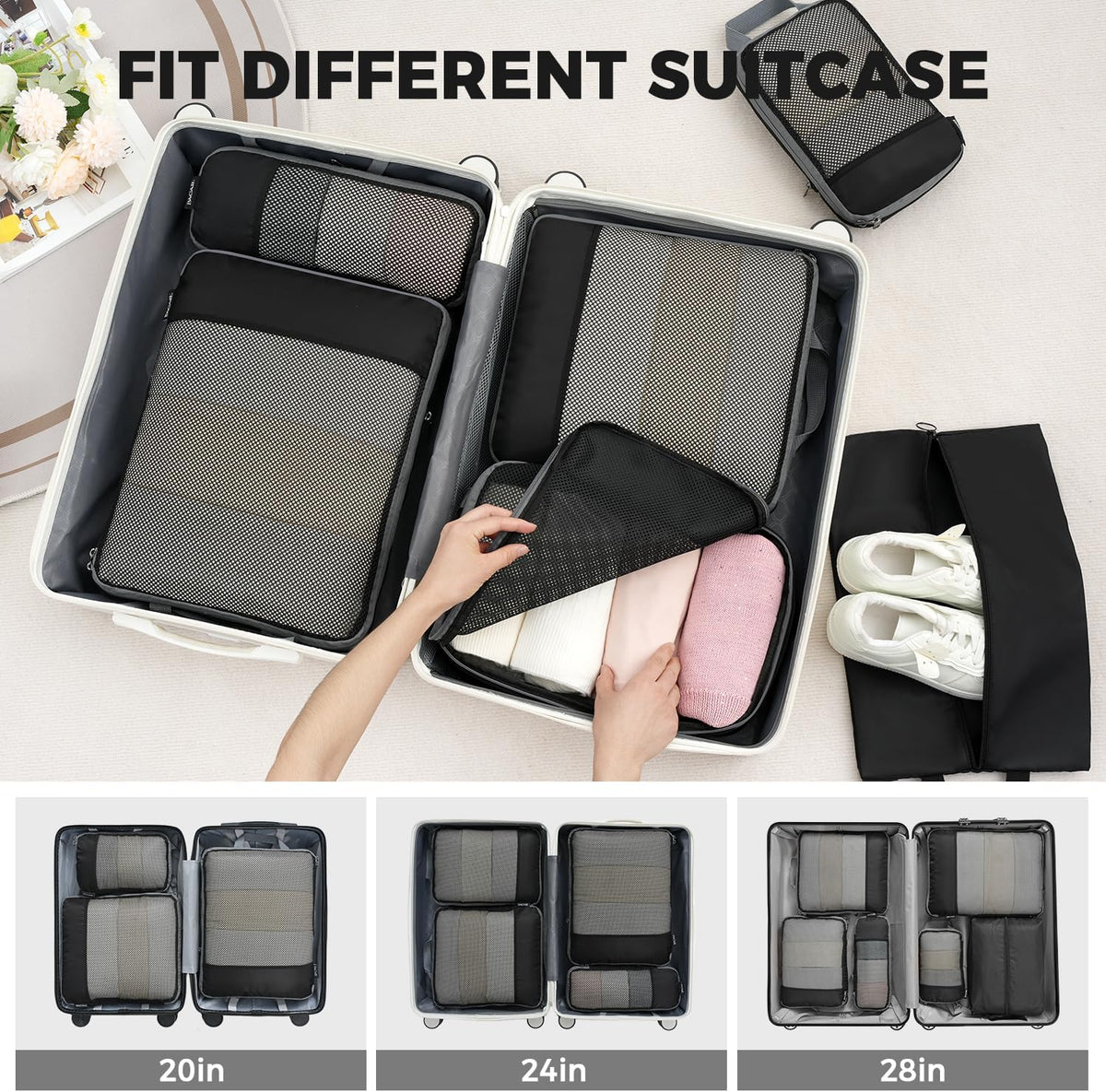 BAGAIL 4 Set/6 Set/8 Set Compression Packing Cubes Travel Accessories Expandable Packing Organizers (Half Mesh, 6-Black)