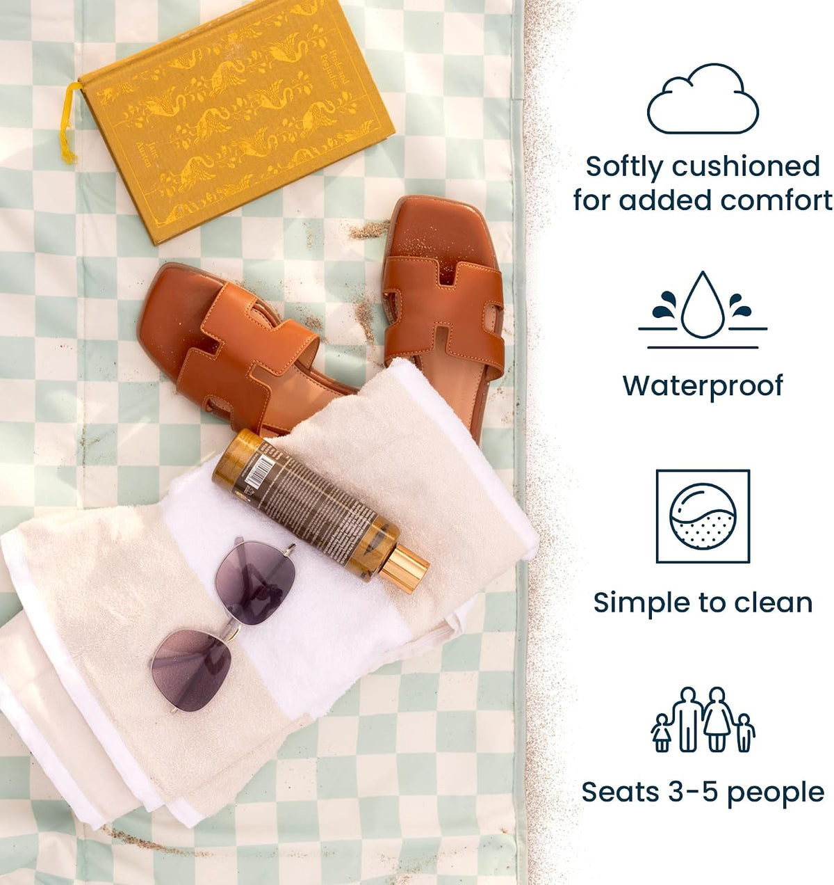 Tiny Twinkle Waterproof Picnic Blanket | 5'x7' 100% Recycled Polyester, Sandproof, Foldable, Portable for Beach, Camping, Travel (Beige Checkers)