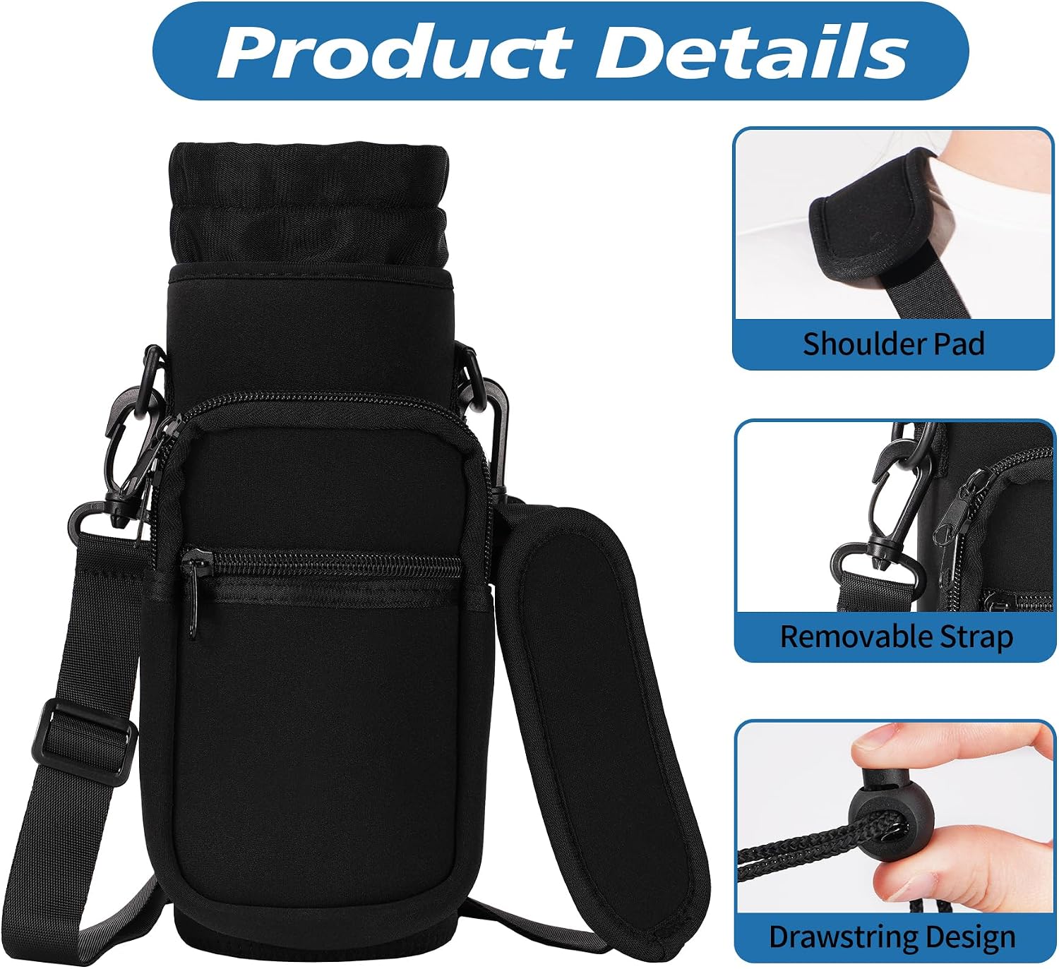 AceTreker 32 40 oz Water Bottle Carrier with Strap, Neoprene Water Bottle Sleeve Bag with 2 Pockets Insulated Flask Sling Holder for Walking Hiking Gym