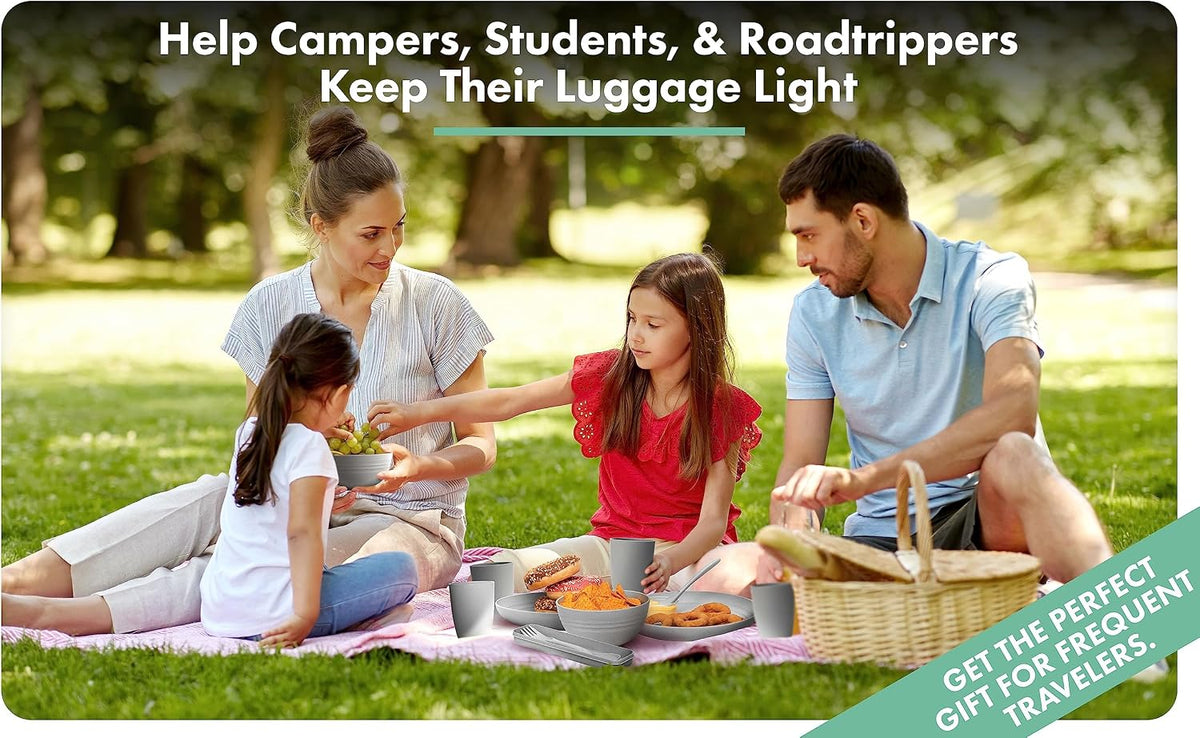 FOODLE Wheat Straw Dinnerware Set - RV, Camping, Picnic Plates Cups & Bowls