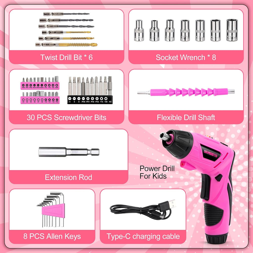 URASISTO 55-Piece Kids Real Tool Set, Electric Cordless Drill Tool Kit for Children with Interchangeable Bits, Flexible Shaft, Charger, All in Carrying Case, Power Drill Tools Set for Kid, Age 14+