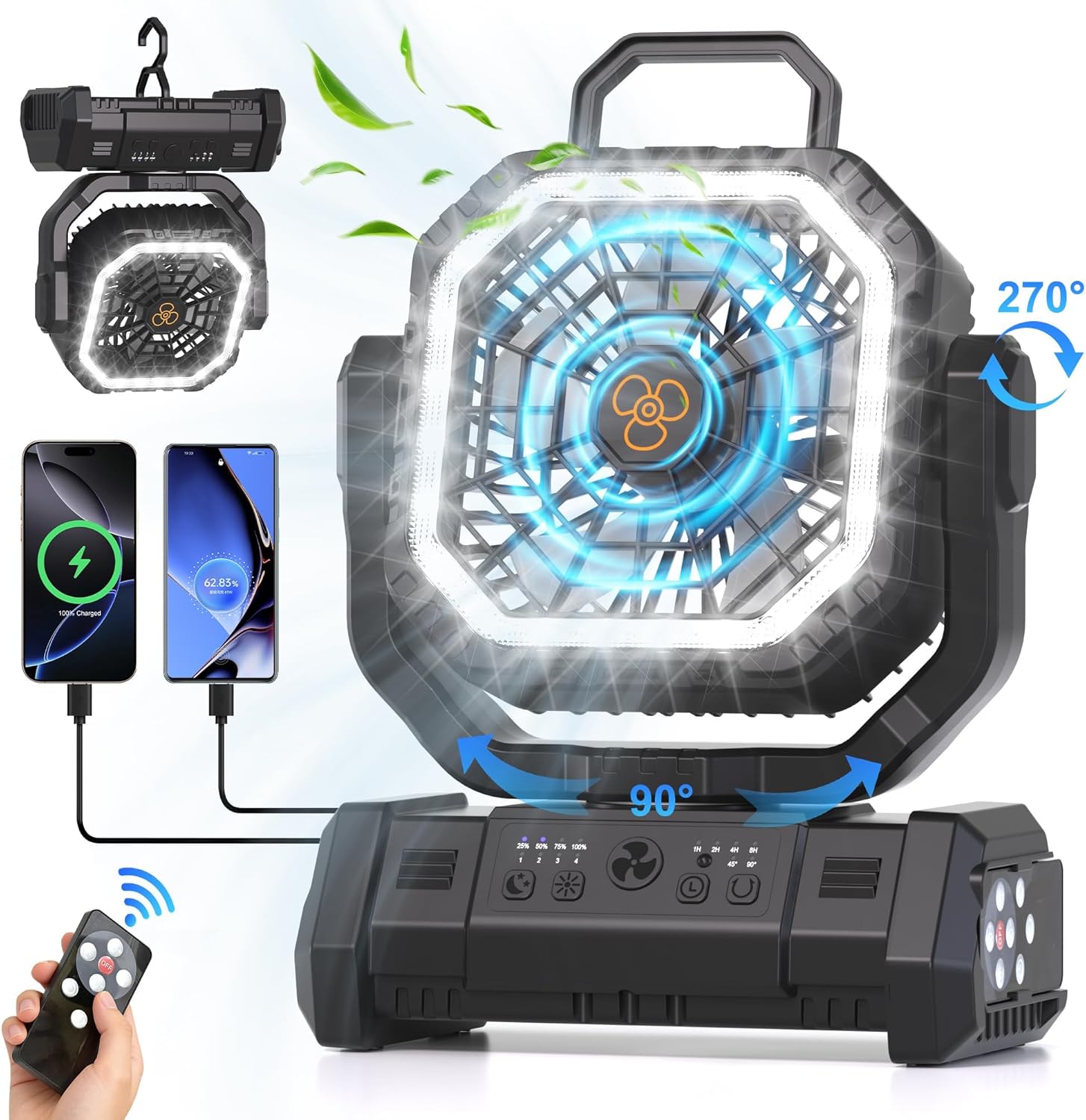 Honesorn 20000mAh Camping Fan Rechargeable with LED & Light Remote, Black