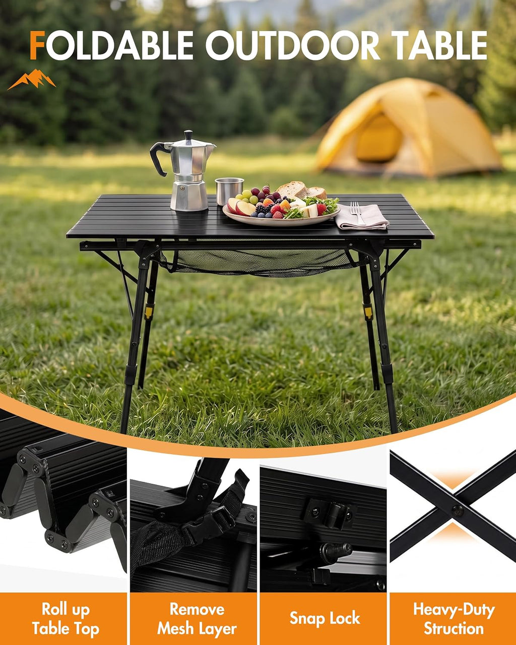 Portal Camping Table, Folding Aluminum Outdoor Table with Mesh Layer