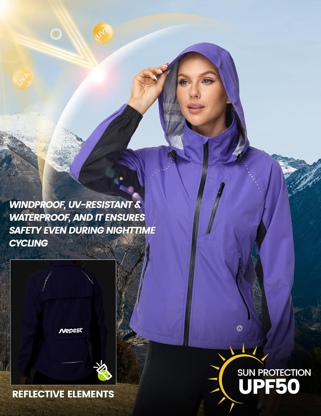 Nepest Womens Cycling Rain Jackets Biking Windbreaker with Hood UPF 50+