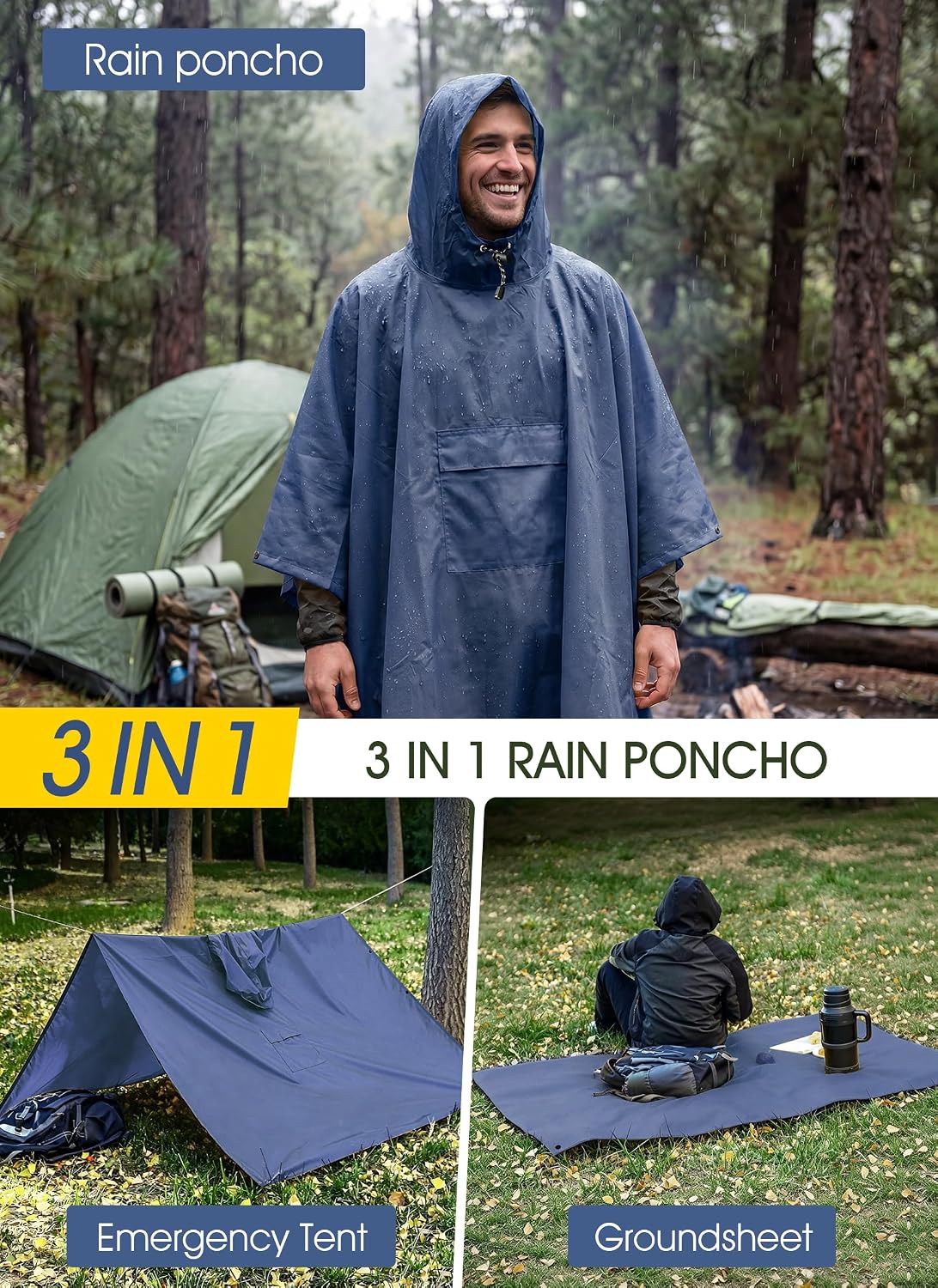 TOMSHOO Multifunctional Raincoat with Hood Waterproof for Adults