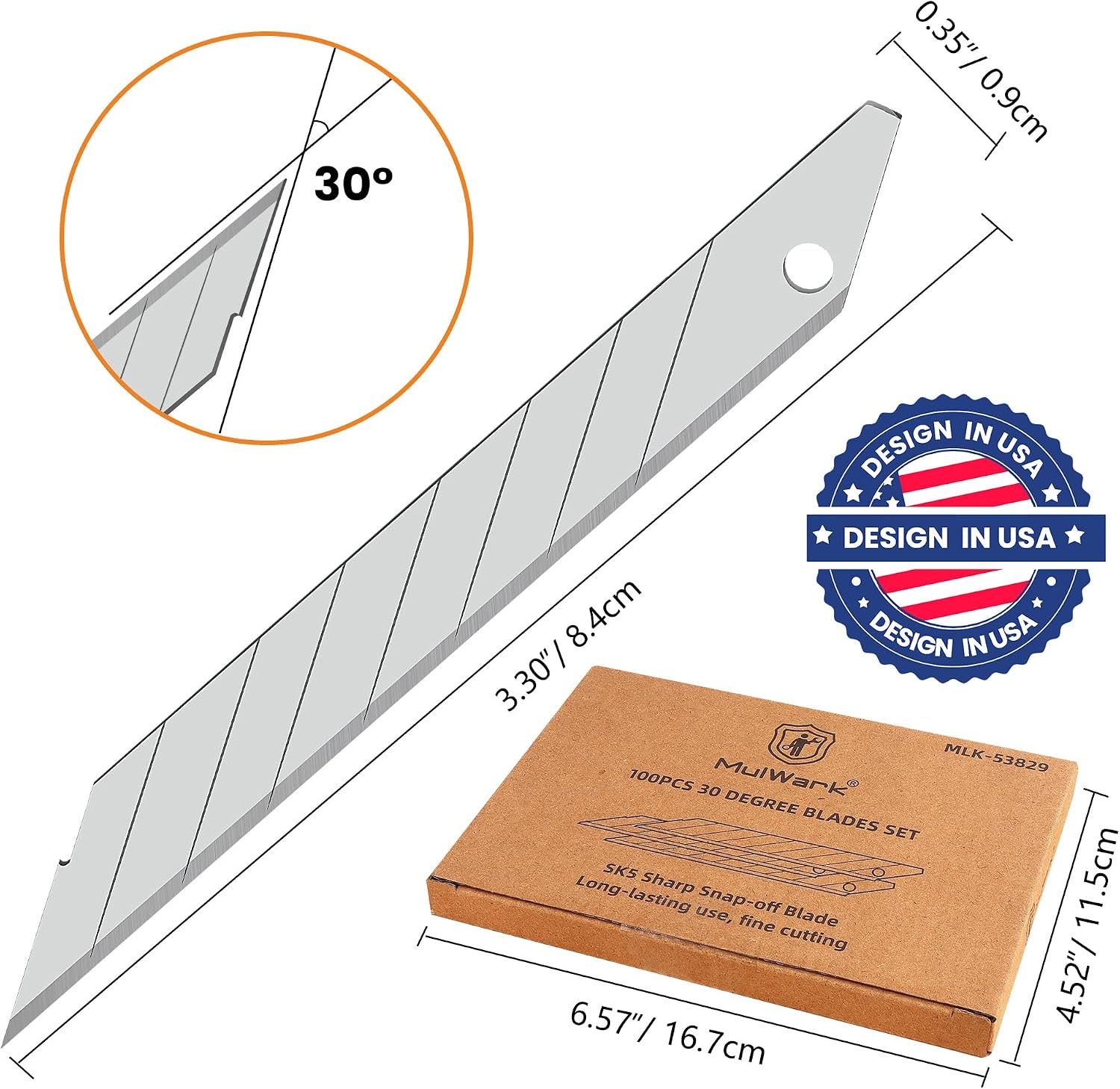MulWark 100PC 9MM Snap Off 30 Degree Utility Knife Replacement Blades, Multi-Purpose Sharp Precision Box Cutter Blade for Universal Retractable Cutting Knives