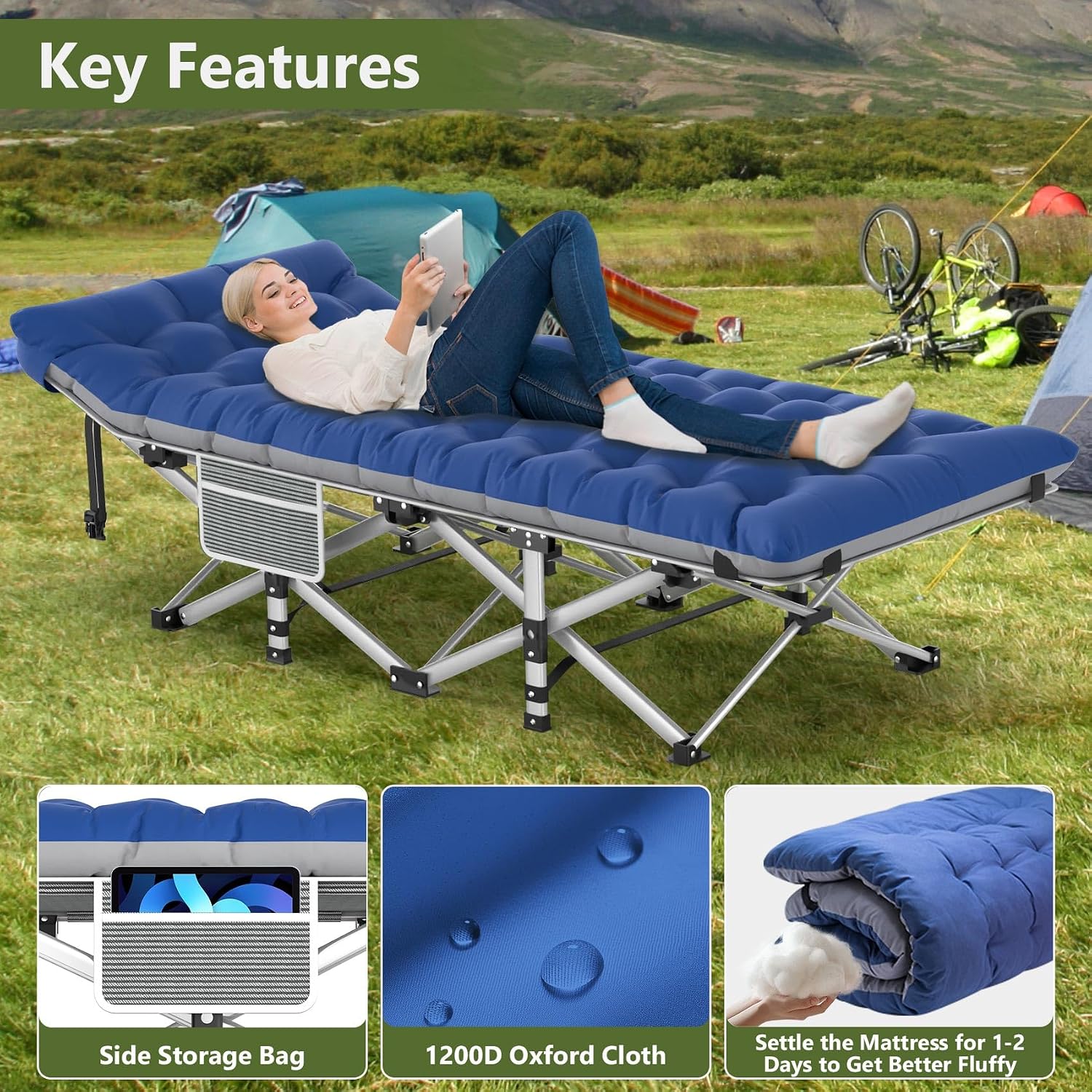 Slendor Folding Camping Cot with Mattress for Adults, 500lbs Portable Bed