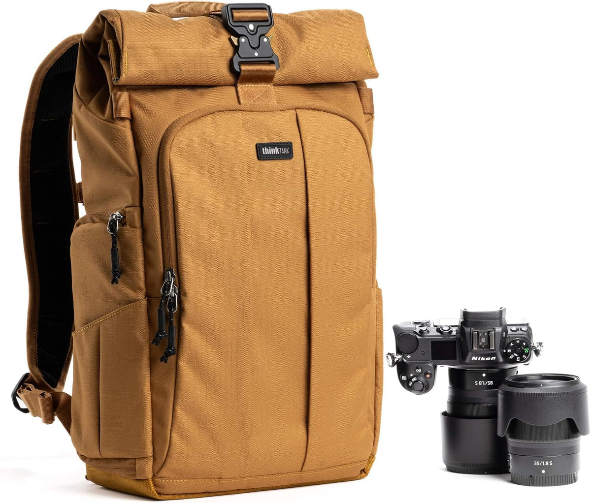 Think Tank FocusPoint 22L RollTop Camera Backpack - Golden Hour: Expandable Travel & Camera Backpack with Laptop Sleeve, Quick Side and Back Access, Rain Cover – Versatile Photography & Travel Bag
