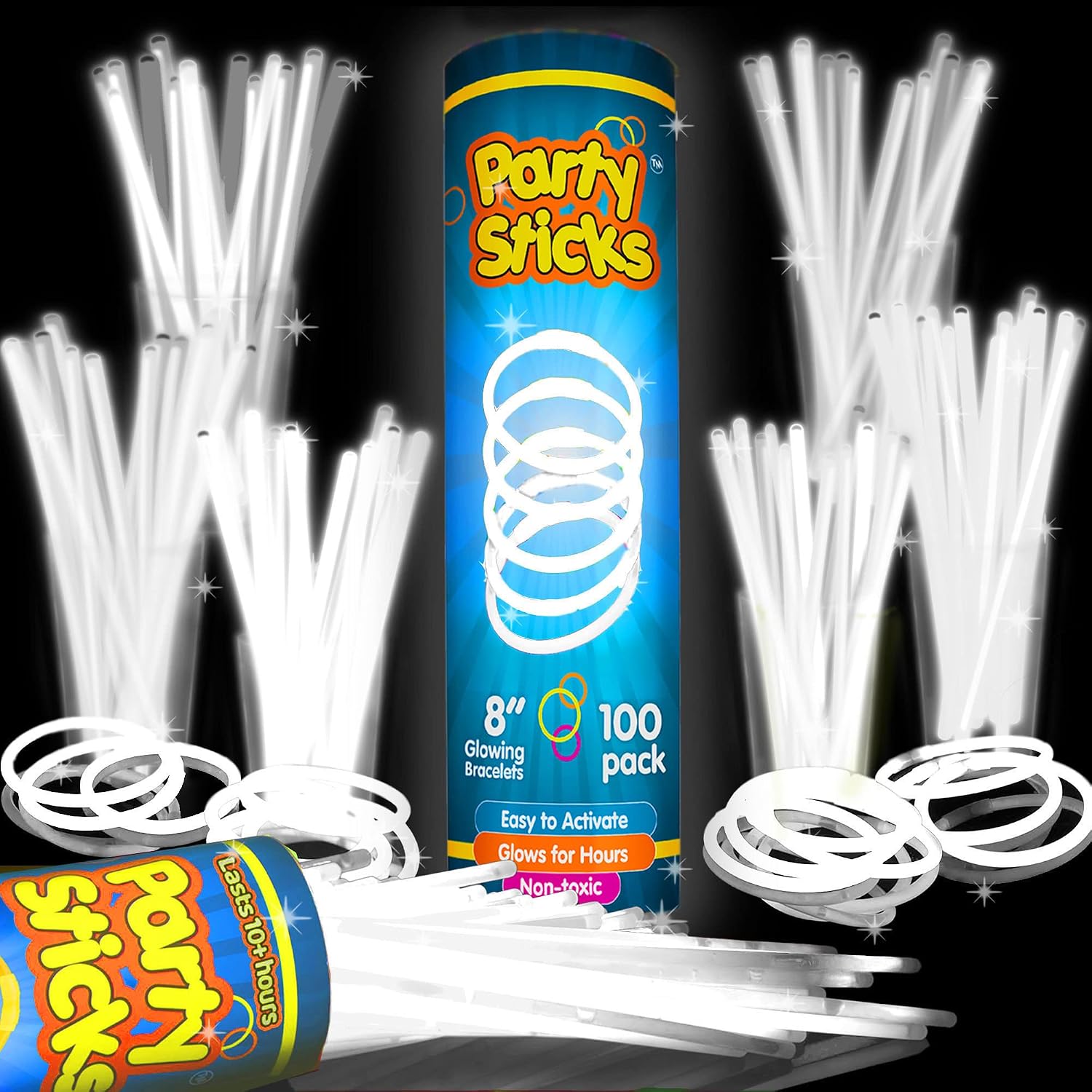 PartySticks White Glow Sticks - 100pk, 8 Glow In The Dark Light Up Party Favors, Decorations and Accessories