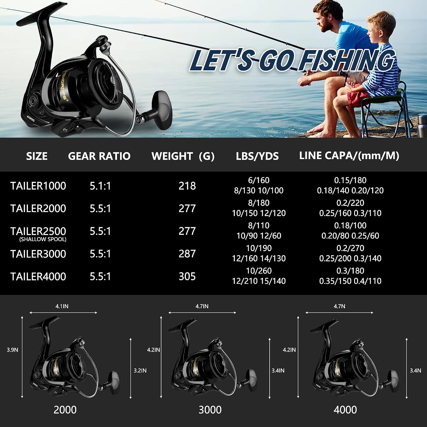 Fishdrops Fishing Reels Spinning Reel Left/Right Interchangeable Aluminium Handle, 7.5 oz Ultralight Spinning Reels, 5.5:1 Gear Ratio Deep/Shallow Aluminum Spool for Freshwater and Saltwater