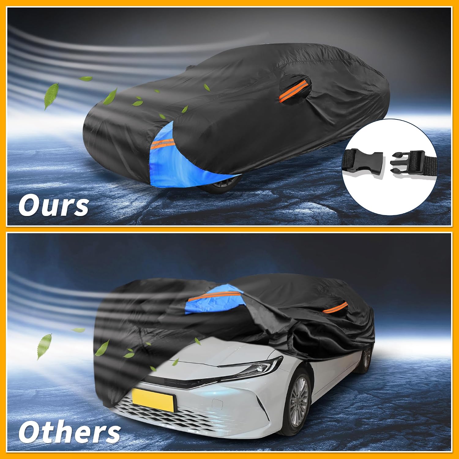 Waterproof All-Weather Universal Car Cover with Right Side Zipper, 210D-PU Black Blue Fits for Sedan 185" to 192" Length