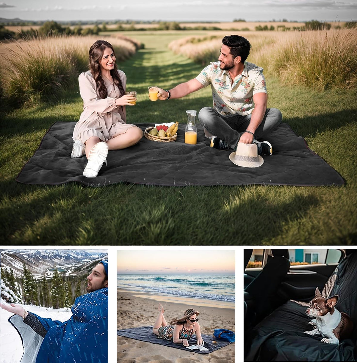 Wind Tour Warm Polar Fleece Blanket Picnic Outdoor & Beach, Machine Washable Camping Quilt for Cold Weather, Adventure, Sleeping, Backpacking (Black)