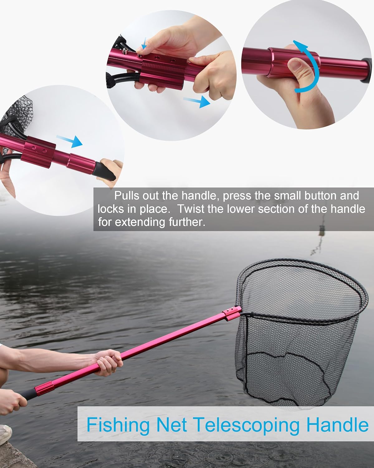 Large Rubber Fishing Net Heavy Duty Extra Large Aluminum Landing Net for Saltwater Fish Net Telescoping Handle with 6pcs Soft Jig Swimbait, Extends to 72-94in