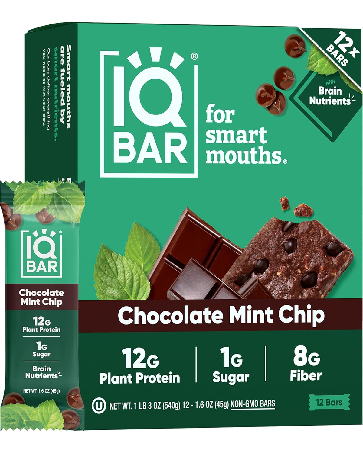 IQBAR Clean Protein Bars, Low Sugar Keto, Chocolate Mint Chip 12-Count