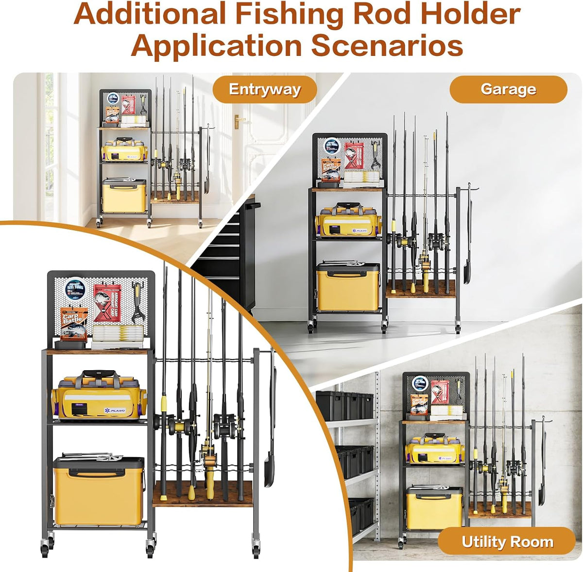Olakee Fishing Rod Holders, Rolling Fishing Rod Rack for Garage & Boat, Tackle Box & Reel Holder Cart, Easy Assembly Fishing Gear Management System, Ideal Birthday Gift for Men Dad Anglers