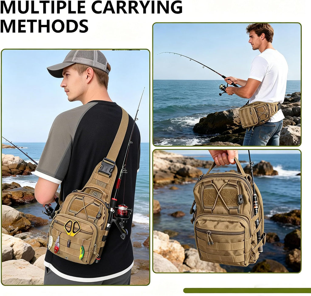 Fishing Backpack Small Fishing Tackle Storage Bag with 3 Methods of Carrying Large Capacity Sling Backpack for Outdoor Hiking Travel Hunting (Khaki)