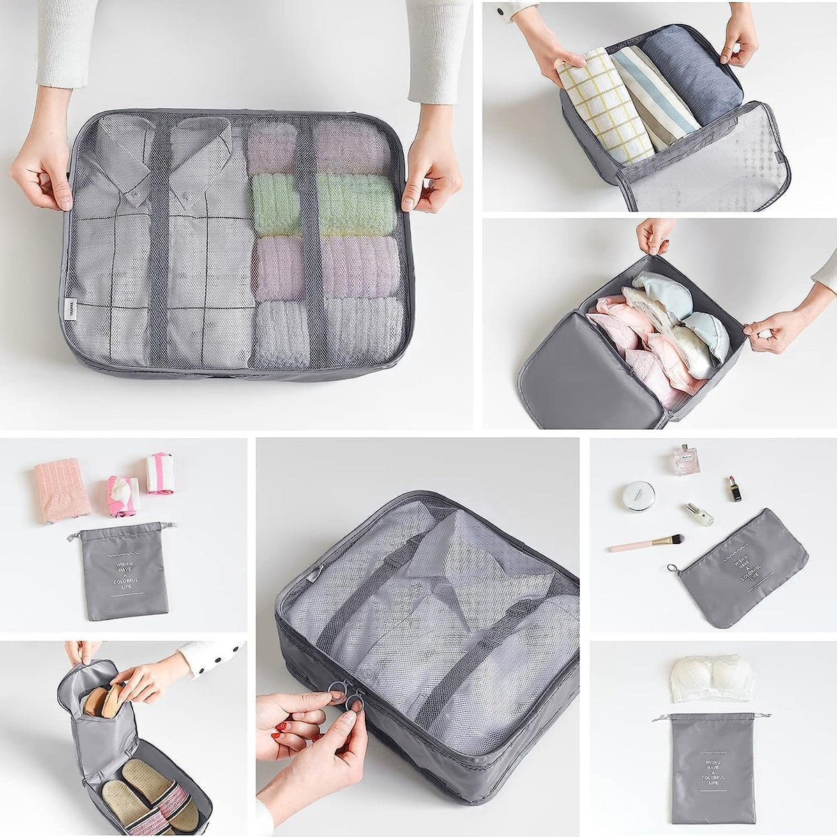 LANSKLBD 6/8 Set Packing Cubes for Suitcases Travel Luggage Packing Organizers,Travel Accessories Essentials Luggage Organizer with Shoe/Tioletry/Laundry Bag (Grey, 8 set)