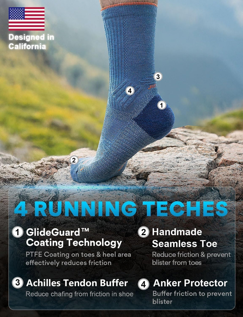 Juclise Men's Merino Wool Midweight Hiking Socks, Micro Crew, 2 Pairs