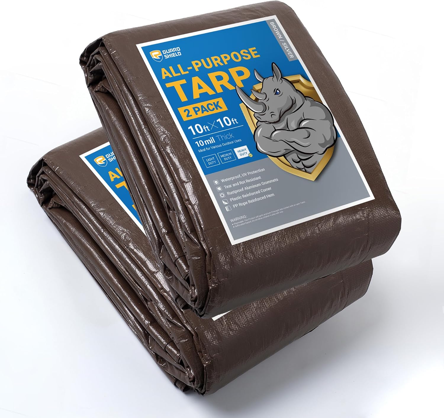 GUARD SHIELD Tarps Heavy Duty Waterproof 10x10 Feet Brown/Silver Poly Tarp Cover Outdoor Thick UV Resistant Tarpaulin with Grommets 10mil (2-Pack)