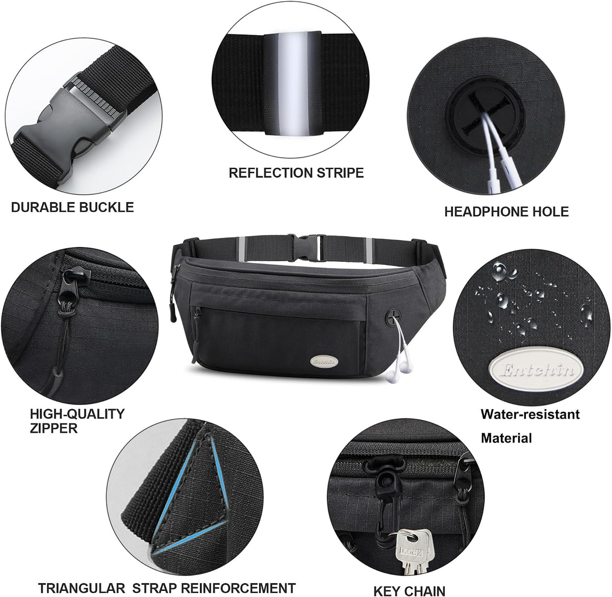 Entchin Water-Resistant Fanny Pack, 4-Zipper Belt Bag