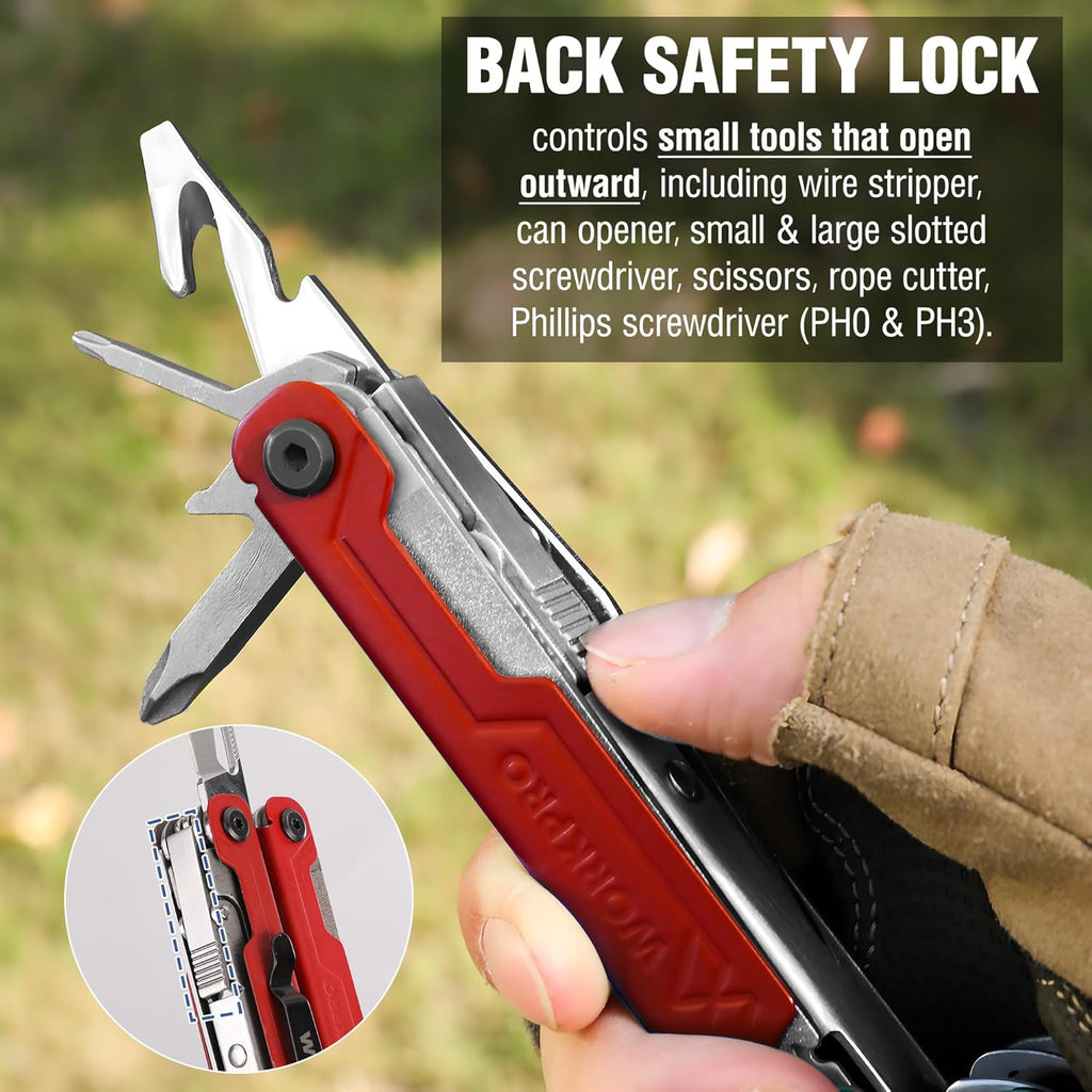 WORKPRO 18-in-1 Multi Tool Pliers Pocket Knife, 2 Safety Locks, EDC, Red | Gifts for Men Dad Women Wife, Stainless Steel Multitool, Belt Clip and Oxford Pouch, Utility Tool for Camping