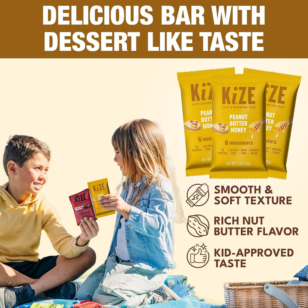 KiZE Energy Bars - Peanut Butter Honey - 20-Count - Gluten Free, Dairy Free, Non-GMO, and High Protein Meal Replacement Energy Bars, Clean and Simple Food Ingredients - 7g High Protein Snacks (20 Count)