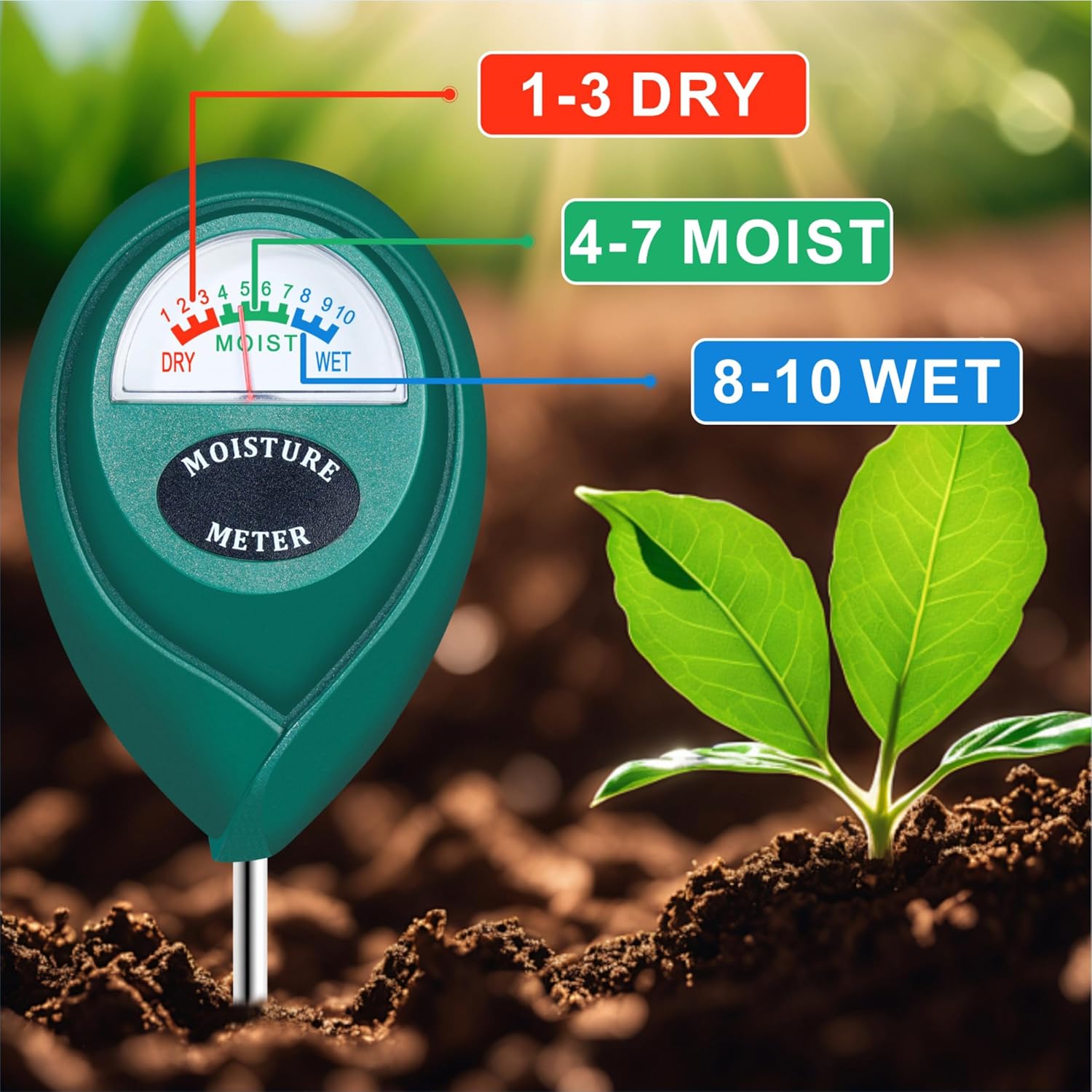 XLUX Long Probe Plant Soil Moisture Meter, Indoor Outdoor use, Battery-Free | longer stem for deeper use, instant read, anti-rust 304 SST probe, Easy-to-Read Display, Single-Probe, less hurts to roots