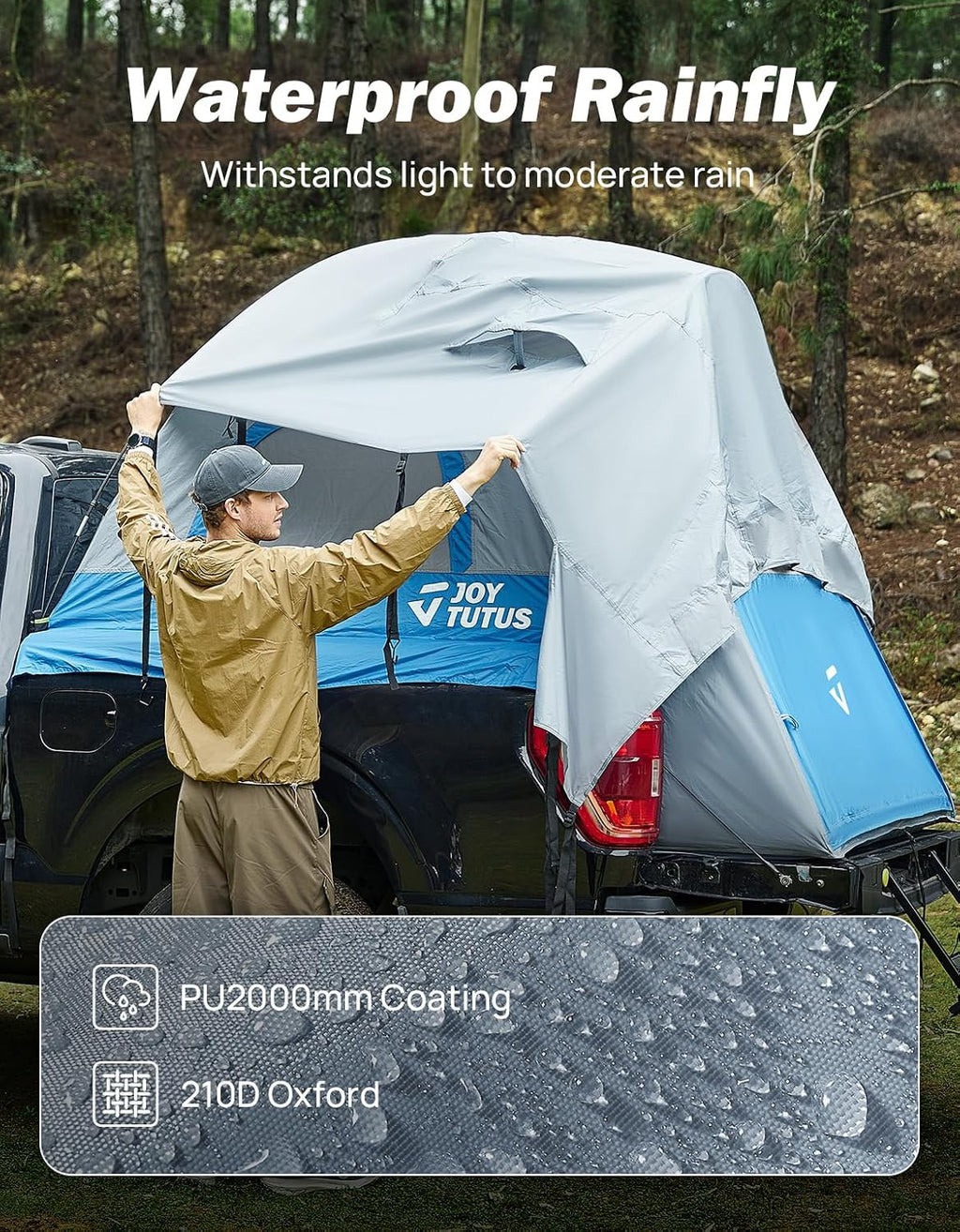 JOYTUTUS Truck Tent, Portable Truck Bed Tent for 5.5'-5.8' with Rainfly, Truck Tent with Fiberglass Pole, Waterproof PU2000mm Double Layer for 2 Person - Blue