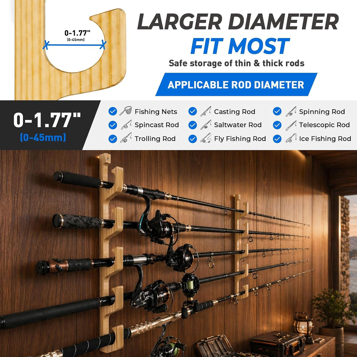 PLUSINNO H5W Solid Wood Fishing Rod Holder, Horizontal Wall & Ceiling Mount Fishing Pole Holders for Garage Storage, Holds 5Rods, Combos and Fishing Nets（Natural Wood,1pack）