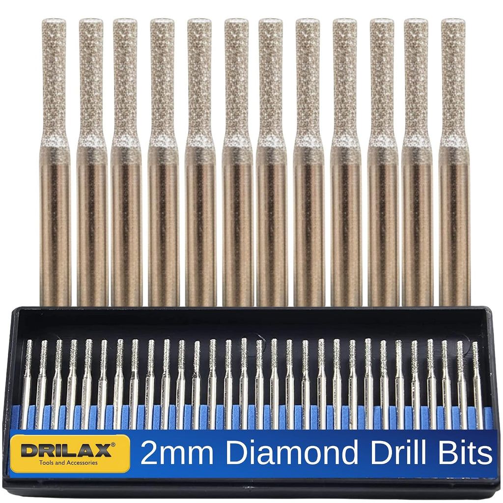 Drilax 30-Pc 2mm Diamond Drill Bit Set, 1/8" Shank for Dremel Rotary Tools, Glass, Sea Glass, Stone & Jewelry Making, Precision Lapidary Bits