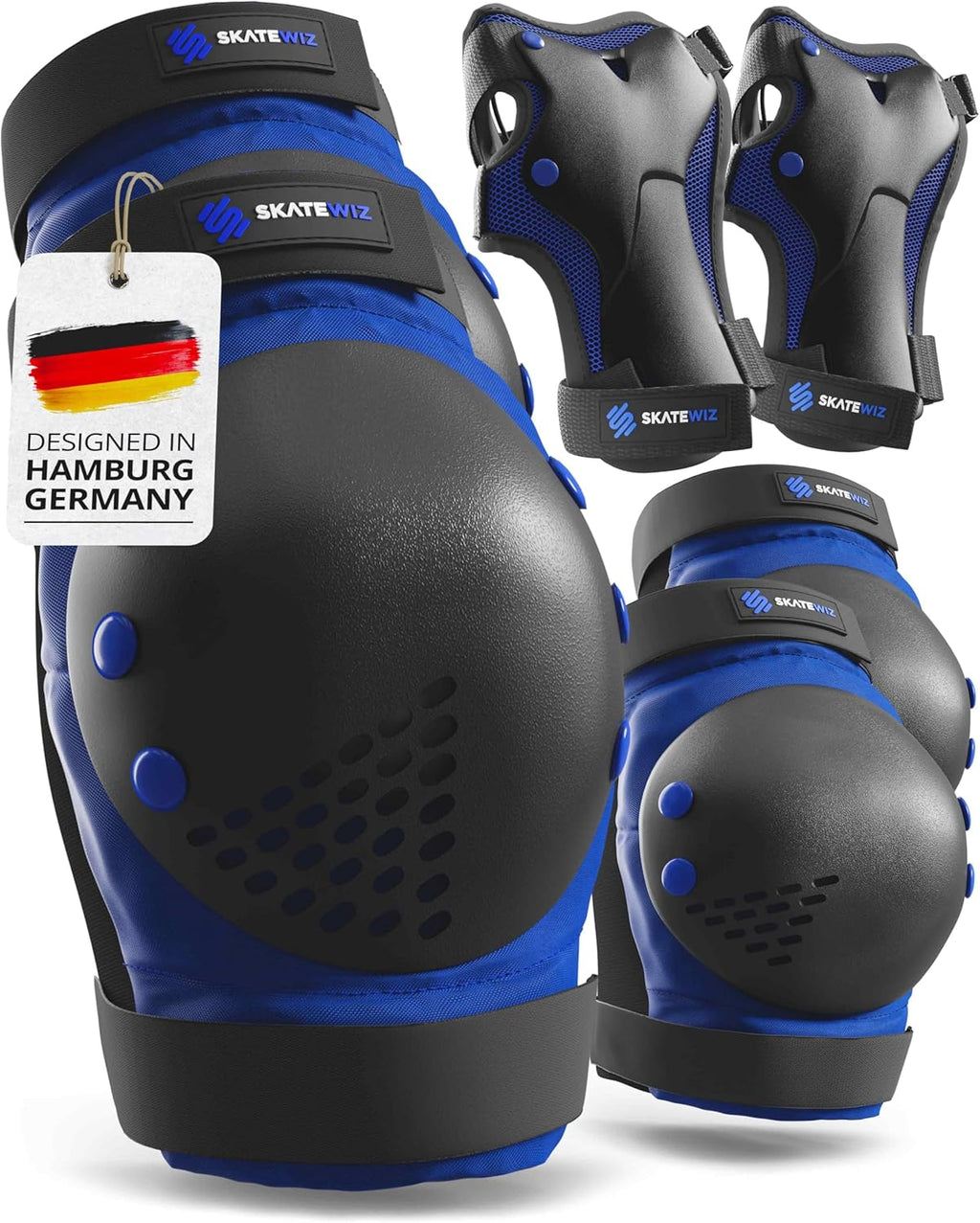 SKATEWIZ Skateboard Pads Protective Gear Set for Kids and Adults - Smash - Roller Skate Pads [6pc] with Wrist Guards - Skating Protective Gear - Roller Derby