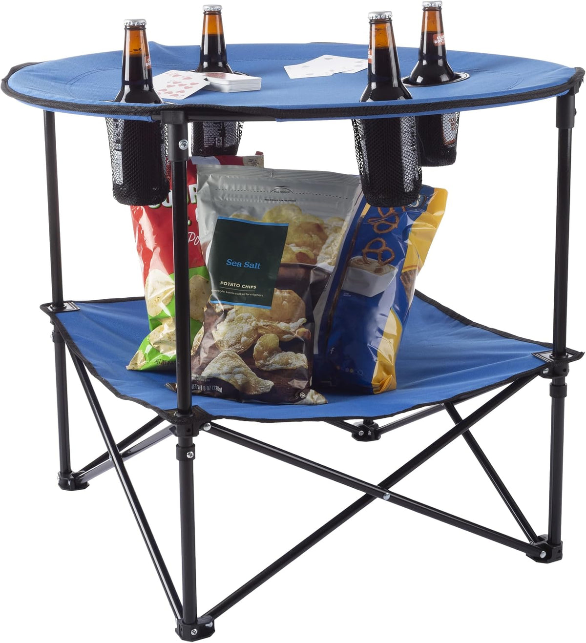 Wakeman Camp Table - Round 2-Tier Folding Table with 4 Cupholders and Carrying Bag - for Camping, Beach, Picnic, Sporting Events, and More Outdoors,Blue